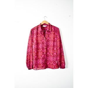 Sag Harbor Blouse Women XL Pink Magenta Red Psychedelic Paisley Retro Button Up